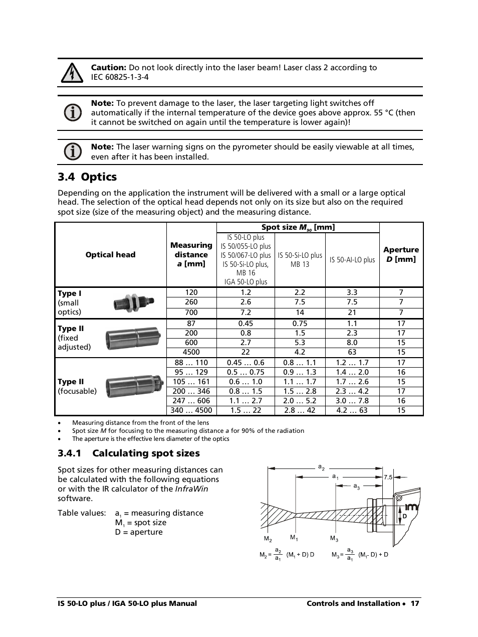 4 optics, 1 calculating spot sizes | LumaSense Technologies IS 50-LO plus User Manual | Page 17 / 36