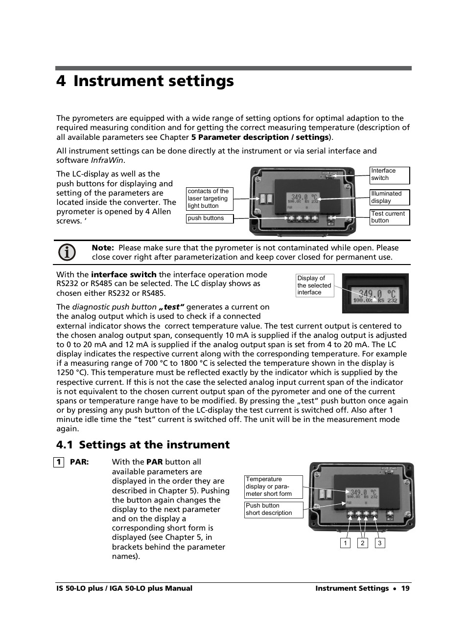 4 instrument settings, 1 settings at the instrument | LumaSense Technologies IS 50-LO plus User Manual | Page 19 / 36