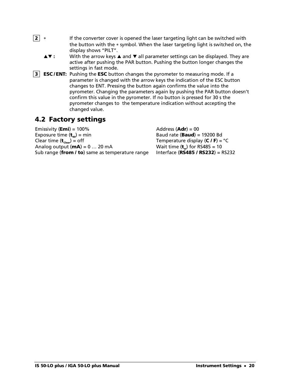 2 factory settings | LumaSense Technologies IS 50-LO plus User Manual | Page 20 / 36