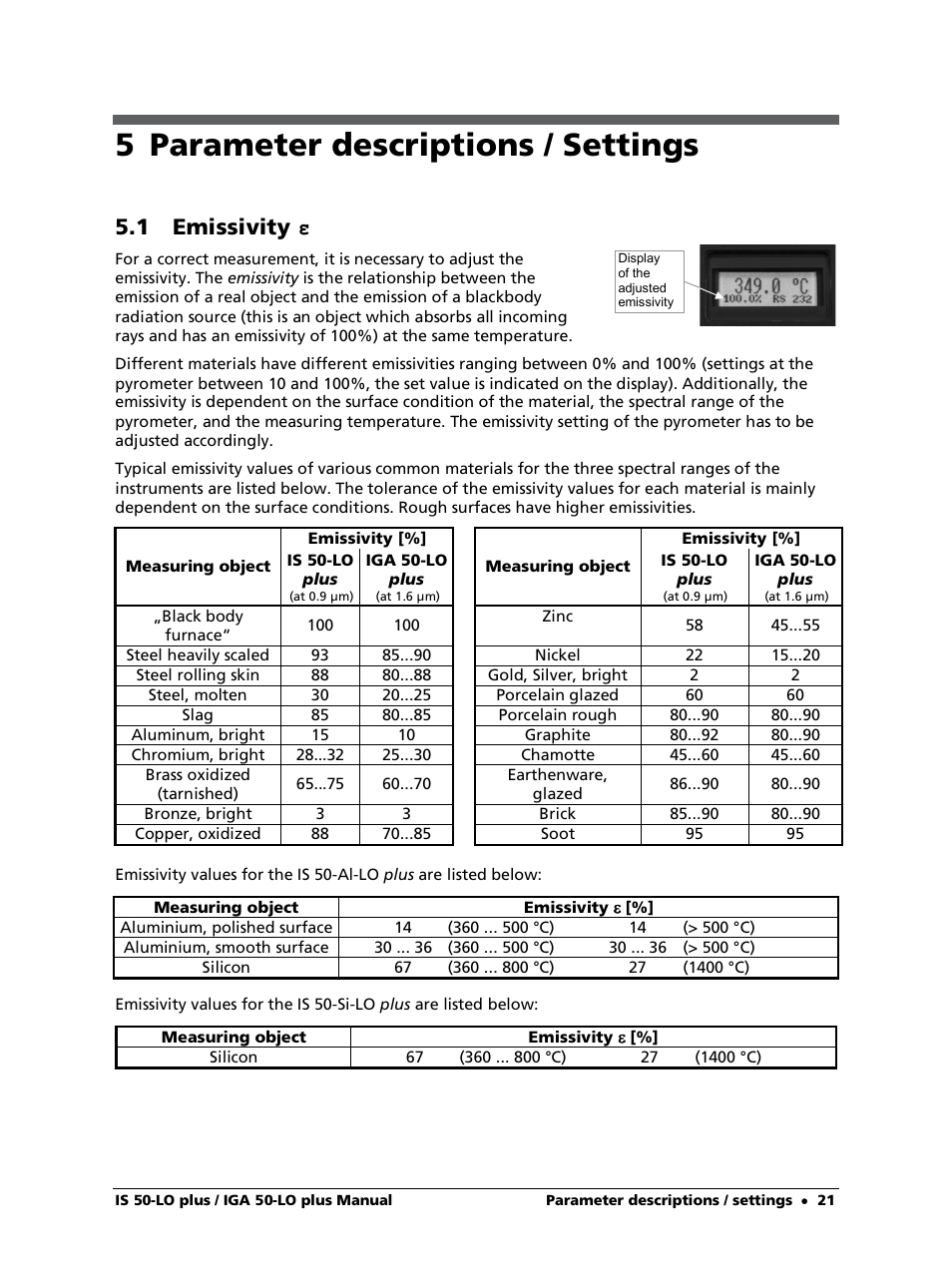 5 parameter descriptions / settings, 1 emissivity ε, 1 emissivity | LumaSense Technologies IS 50-LO plus User Manual | Page 21 / 36