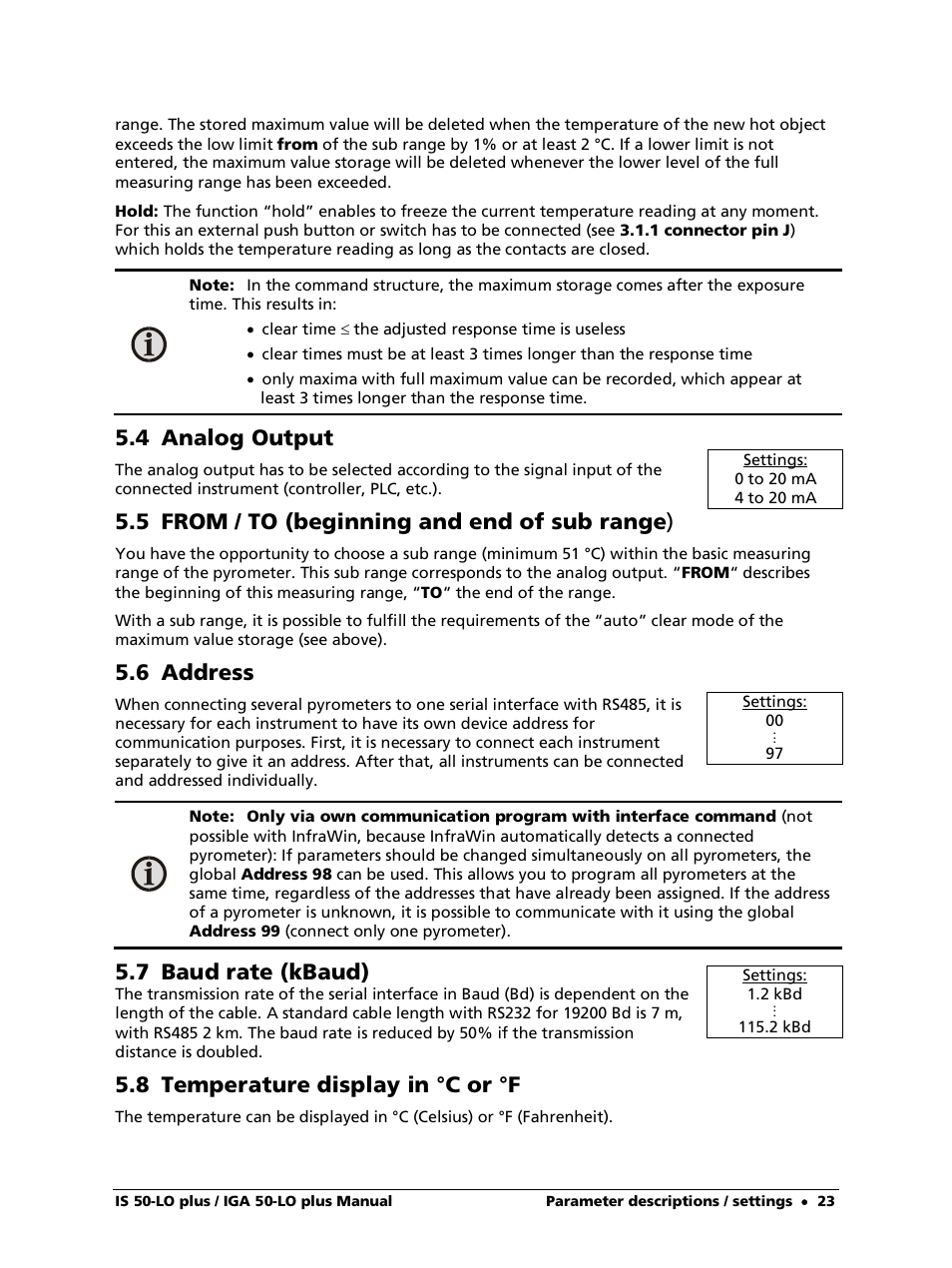 4 analog output, 5 from / to (beginning and end of sub range), 6 address | 7 baud rate (kbaud), 8 temperature display in °c or °f | LumaSense Technologies IS 50-LO plus User Manual | Page 23 / 36