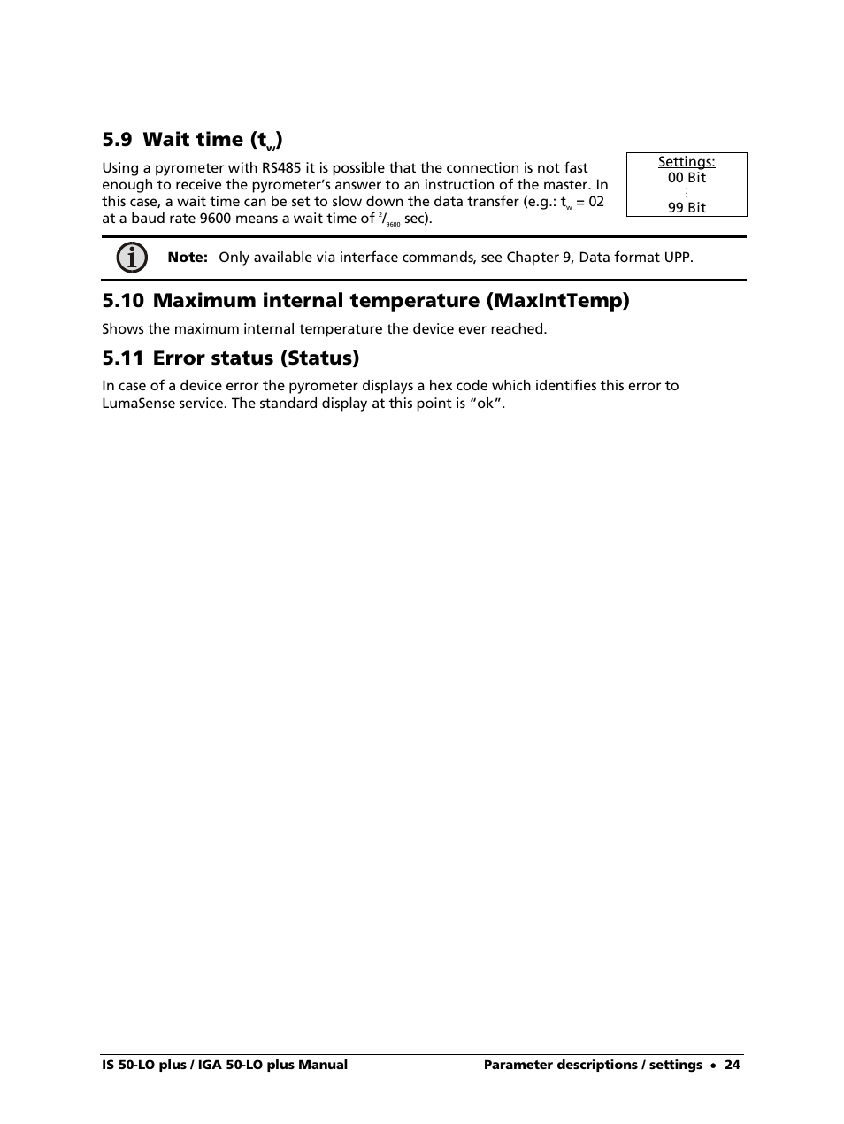 9 wait time (tw), 10 maximum internal temperature (maxinttemp), 11 error status (status) | 9 wait time (t | LumaSense Technologies IS 50-LO plus User Manual | Page 24 / 36