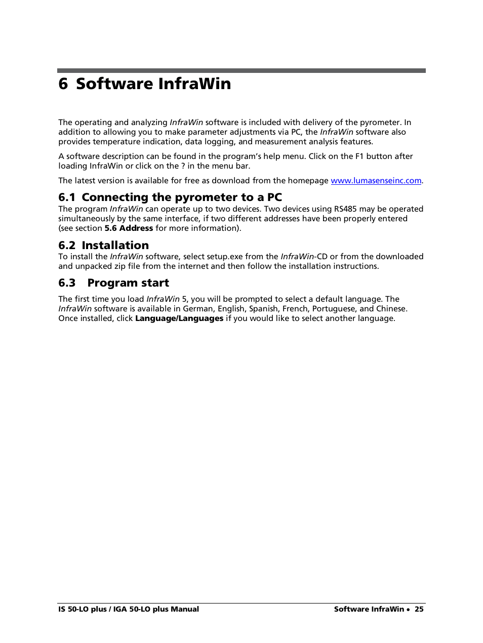 6 software infrawin, 1 connecting the pyrometer to a pc, 2 installation | 3 program start | LumaSense Technologies IS 50-LO plus User Manual | Page 25 / 36