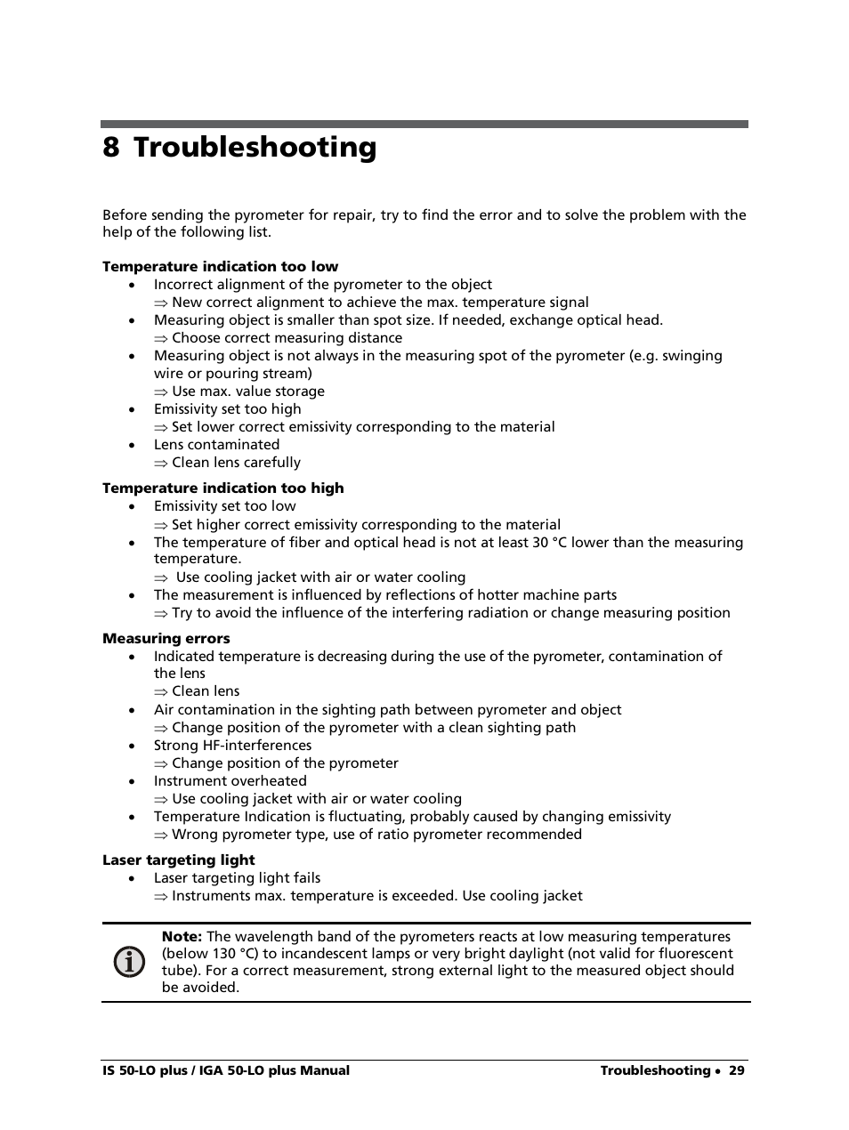 8 troubleshooting | LumaSense Technologies IS 50-LO plus User Manual | Page 29 / 36