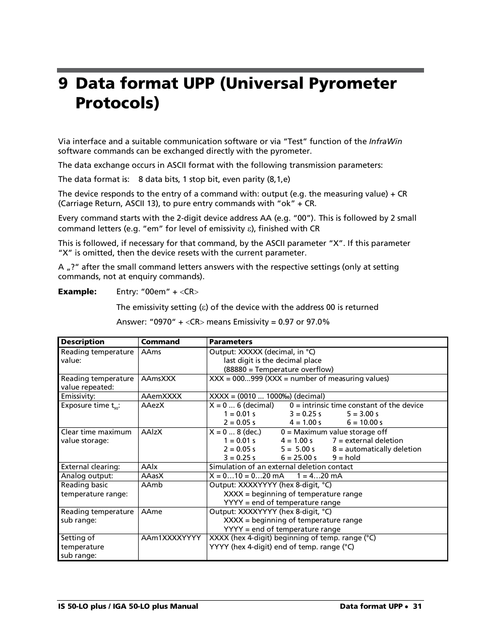 9 data format upp (universal pyrometer protocols) | LumaSense Technologies IS 50-LO plus User Manual | Page 31 / 36
