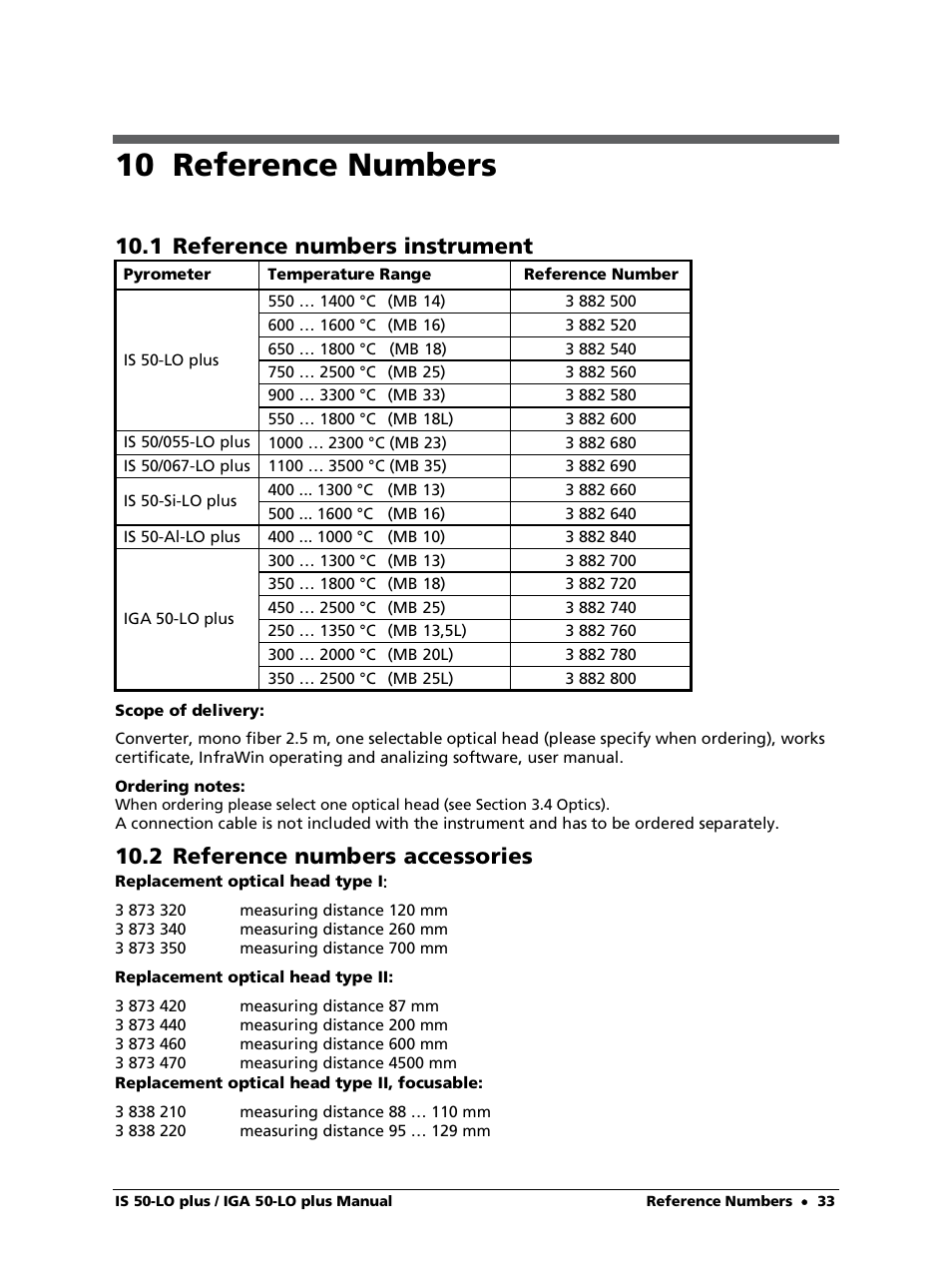 10 reference numbers, 1 reference numbers instrument, 2 reference numbers accessories | LumaSense Technologies IS 50-LO plus User Manual | Page 33 / 36