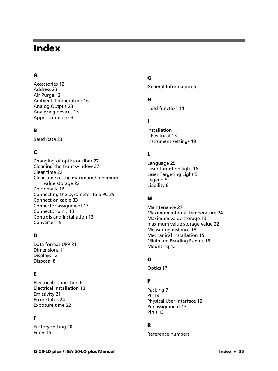 Index | LumaSense Technologies IS 50-LO plus User Manual | Page 35 / 36