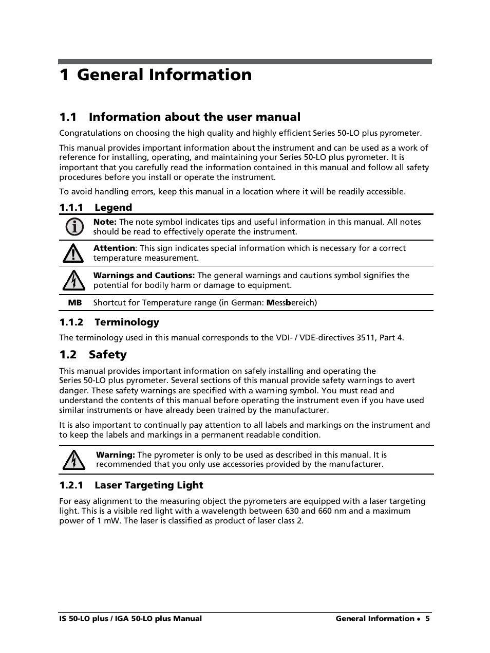 1 general information, 1 information about the user manual, 1 legend | 2 terminology, 2 safety, 1 laser targeting light | LumaSense Technologies IS 50-LO plus User Manual | Page 5 / 36