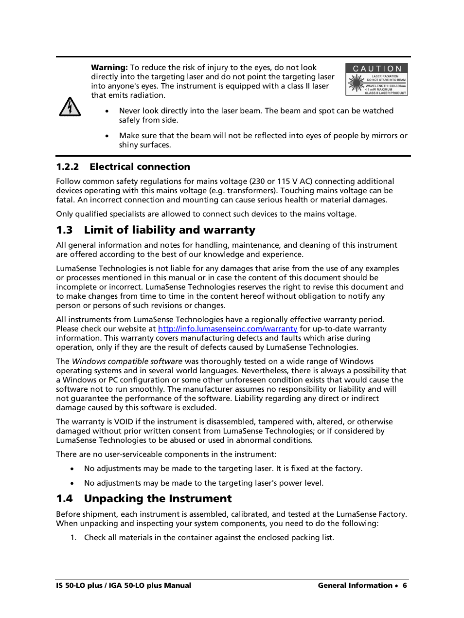 2 electrical connection, 3 limit of liability and warranty, 4 unpacking the instrument | LumaSense Technologies IS 50-LO plus User Manual | Page 6 / 36