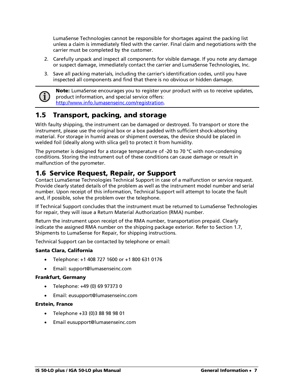 5 transport, packing, and storage, 6 service request, repair, or support | LumaSense Technologies IS 50-LO plus User Manual | Page 7 / 36