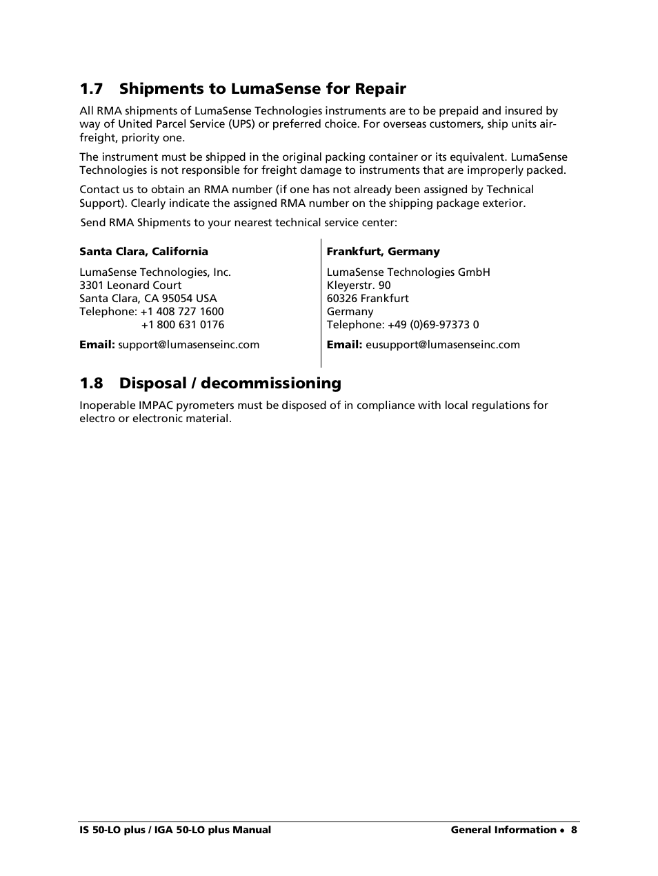 7 shipments to lumasense for repair, 8 disposal / decommissioning | LumaSense Technologies IS 50-LO plus User Manual | Page 8 / 36