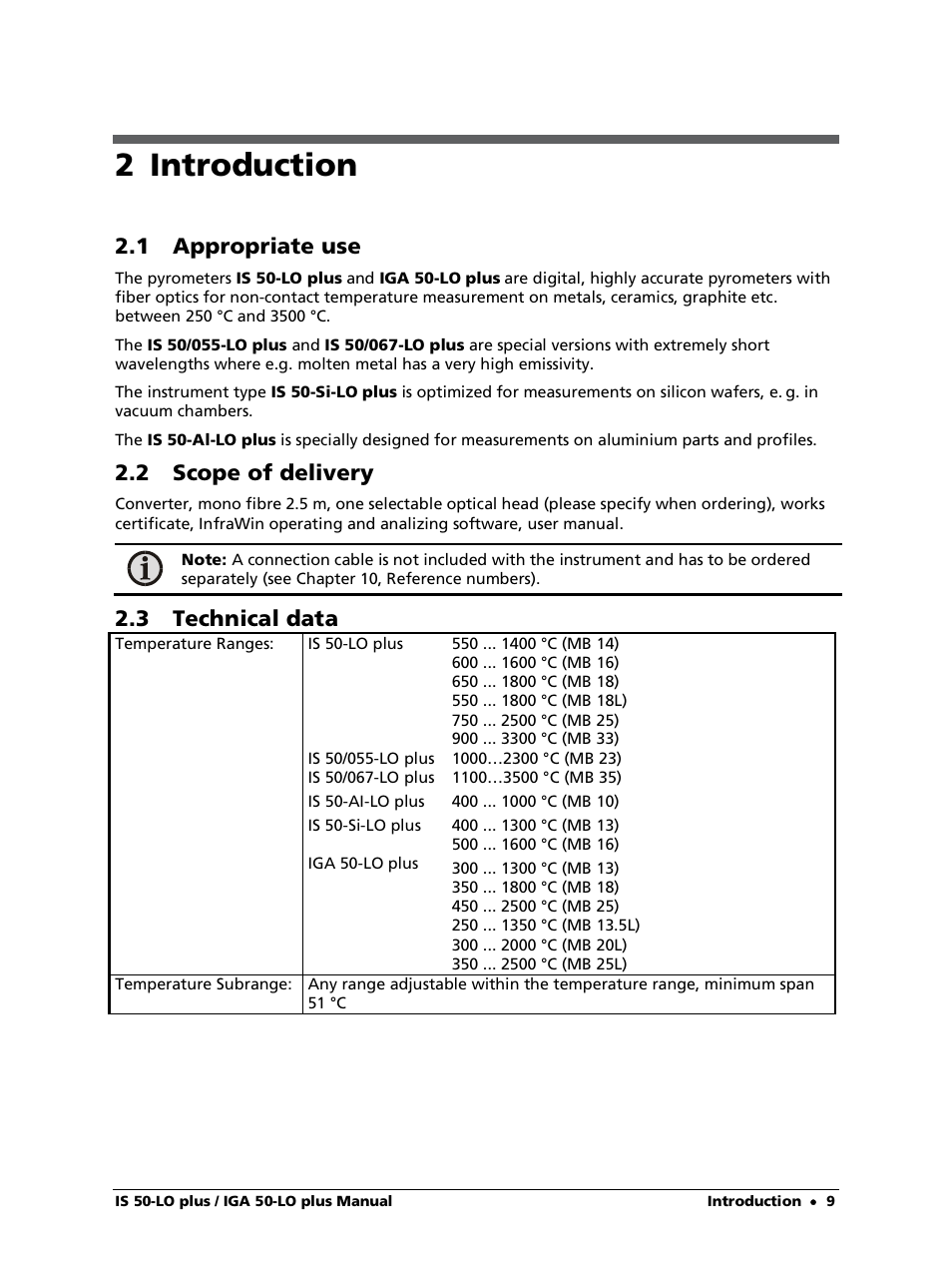 2 introduction, 1 appropriate use, 2 scope of delivery | 3 technical data | LumaSense Technologies IS 50-LO plus User Manual | Page 9 / 36