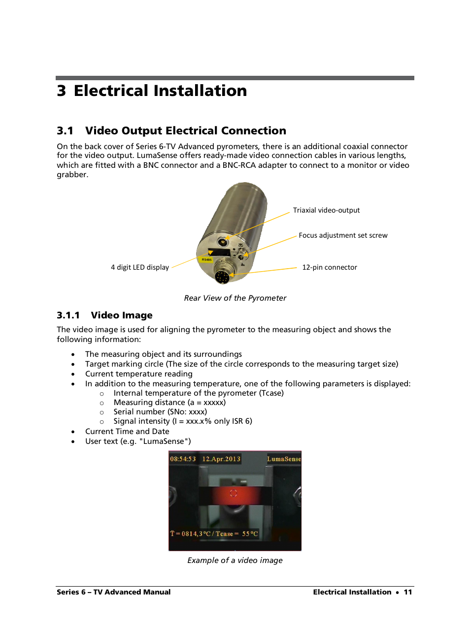 3 electrical installation, 1 video output electrical connection, 1 video image | LumaSense Technologies ISR 6-TV Advanced User Manual | Page 11 / 25