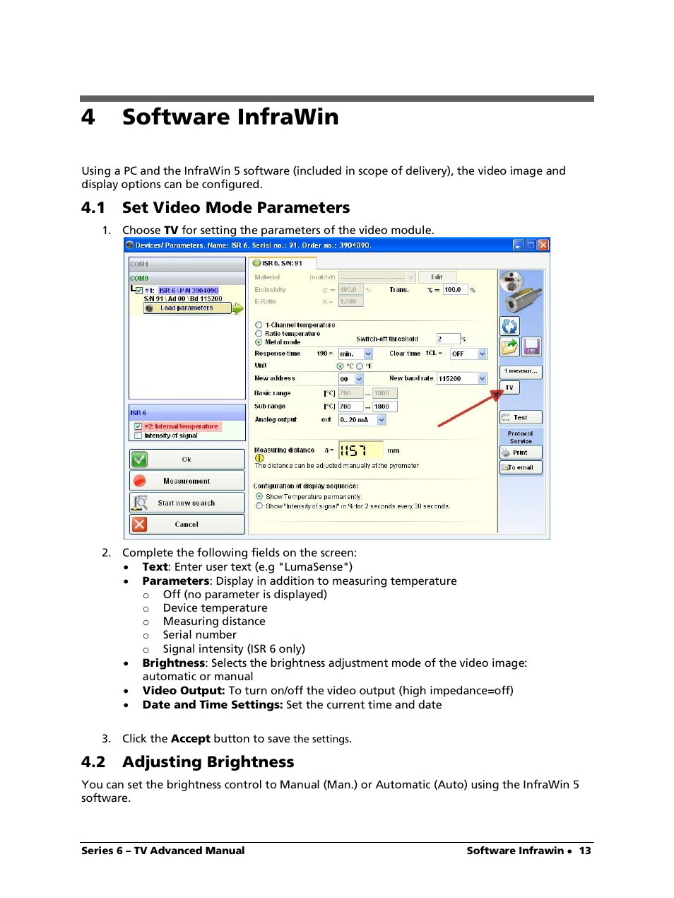 4 software infrawin, 1 set video mode parameters, 2 adjusting brightness | LumaSense Technologies ISR 6-TV Advanced User Manual | Page 13 / 25