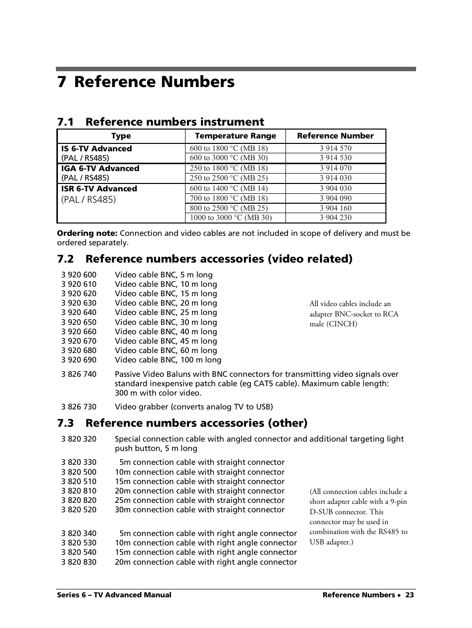 7 reference numbers, 1 reference numbers instrument, 2 reference numbers accessories (video related) | 3 reference numbers accessories (other) | LumaSense Technologies ISR 6-TV Advanced User Manual | Page 23 / 25