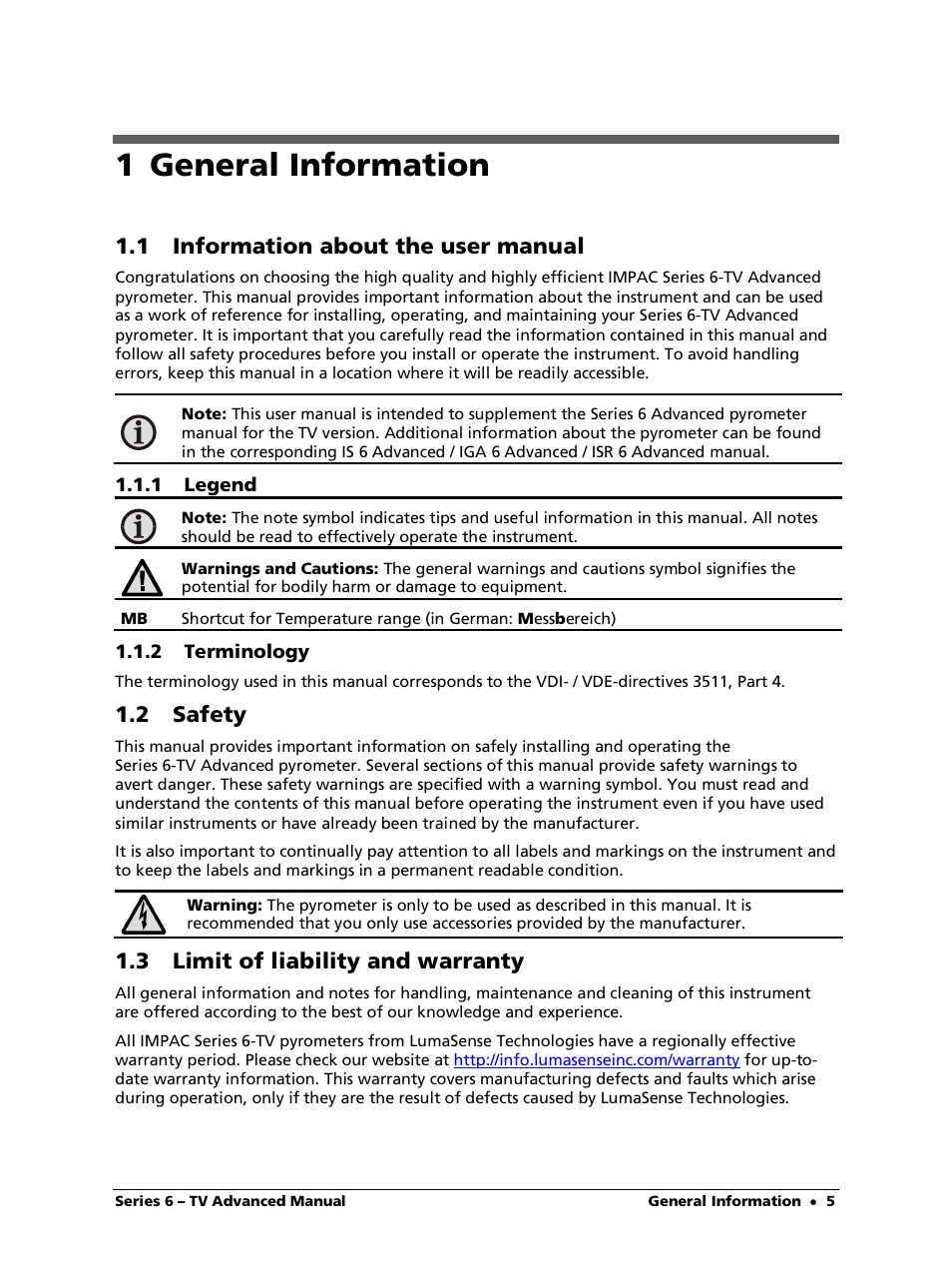 1 general information, 1 information about the user manual, 1 legend | 2 terminology, 2 safety, 3 limit of liability and warranty | LumaSense Technologies ISR 6-TV Advanced User Manual | Page 5 / 25