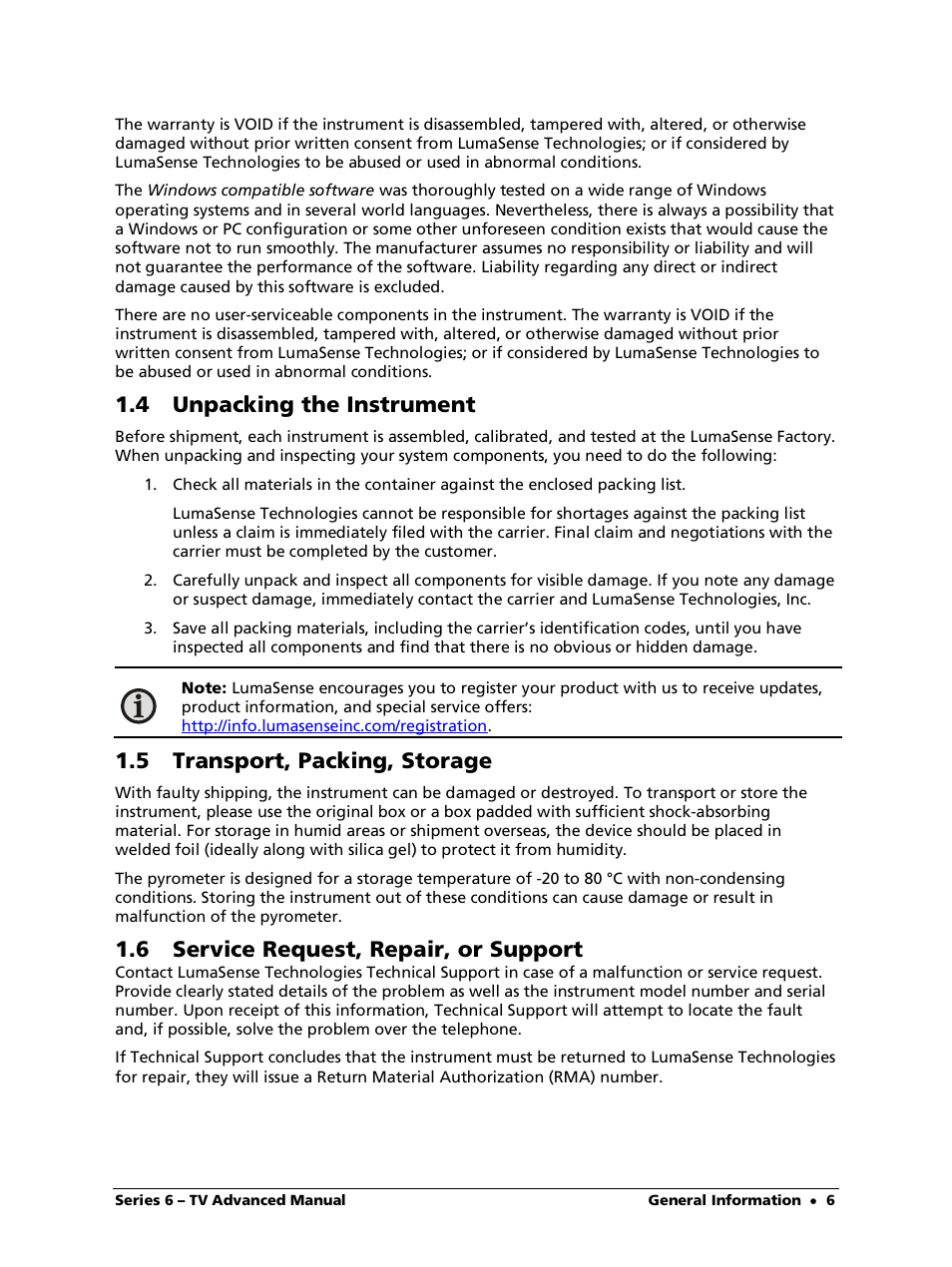 4 unpacking the instrument, 5 transport, packing, storage, 6 service request, repair, or support | LumaSense Technologies ISR 6-TV Advanced User Manual | Page 6 / 25