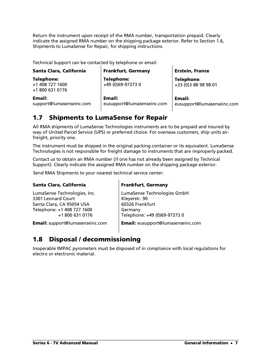 7 shipments to lumasense for repair, 8 disposal / decommissioning | LumaSense Technologies ISR 6-TV Advanced User Manual | Page 7 / 25