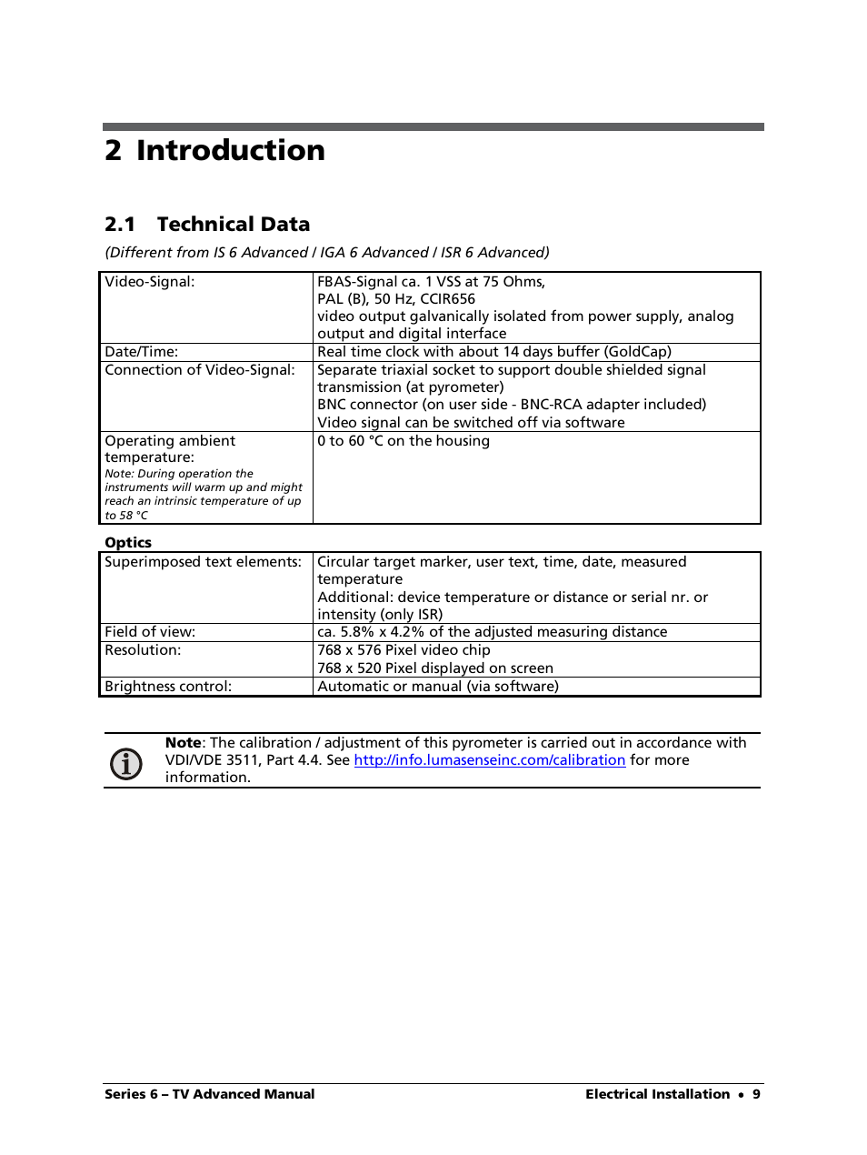 2 introduction, 1 technical data | LumaSense Technologies ISR 6-TV Advanced User Manual | Page 9 / 25