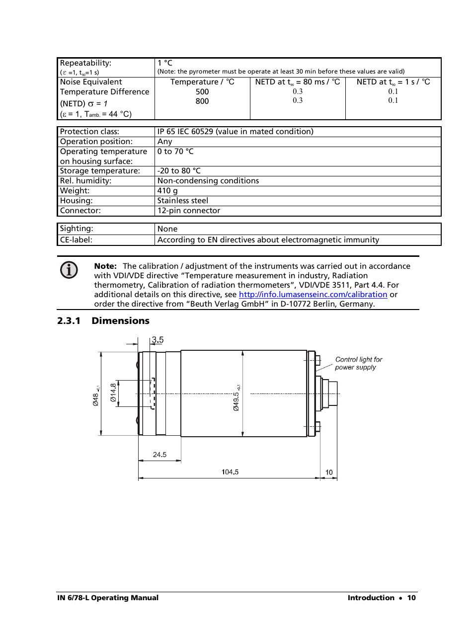 1 dimensions | LumaSense Technologies IN 6/78-L User Manual | Page 10 / 38