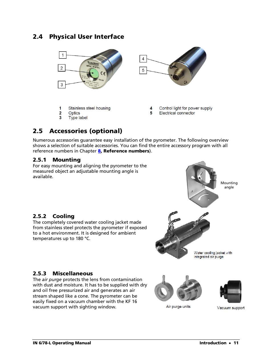 4 physical user interface, 5 accessories (optional), 1 mounting | 2 cooling, 3 miscellaneous | LumaSense Technologies IN 6/78-L User Manual | Page 11 / 38