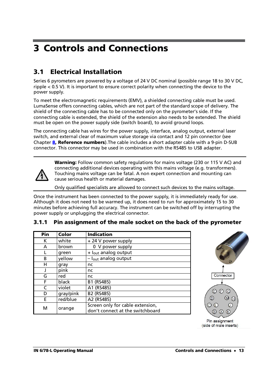 3 controls and connections, 1 electrical installation | LumaSense Technologies IN 6/78-L User Manual | Page 13 / 38