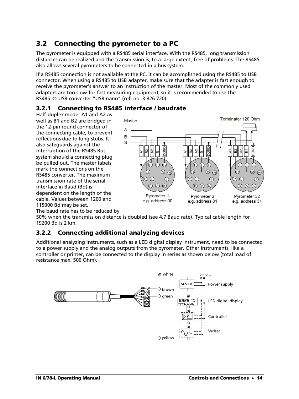 2 connecting the pyrometer to a pc, 1 connecting to rs485 interface / baudrate, 2 connecting additional analyzing devices | LumaSense Technologies IN 6/78-L User Manual | Page 14 / 38