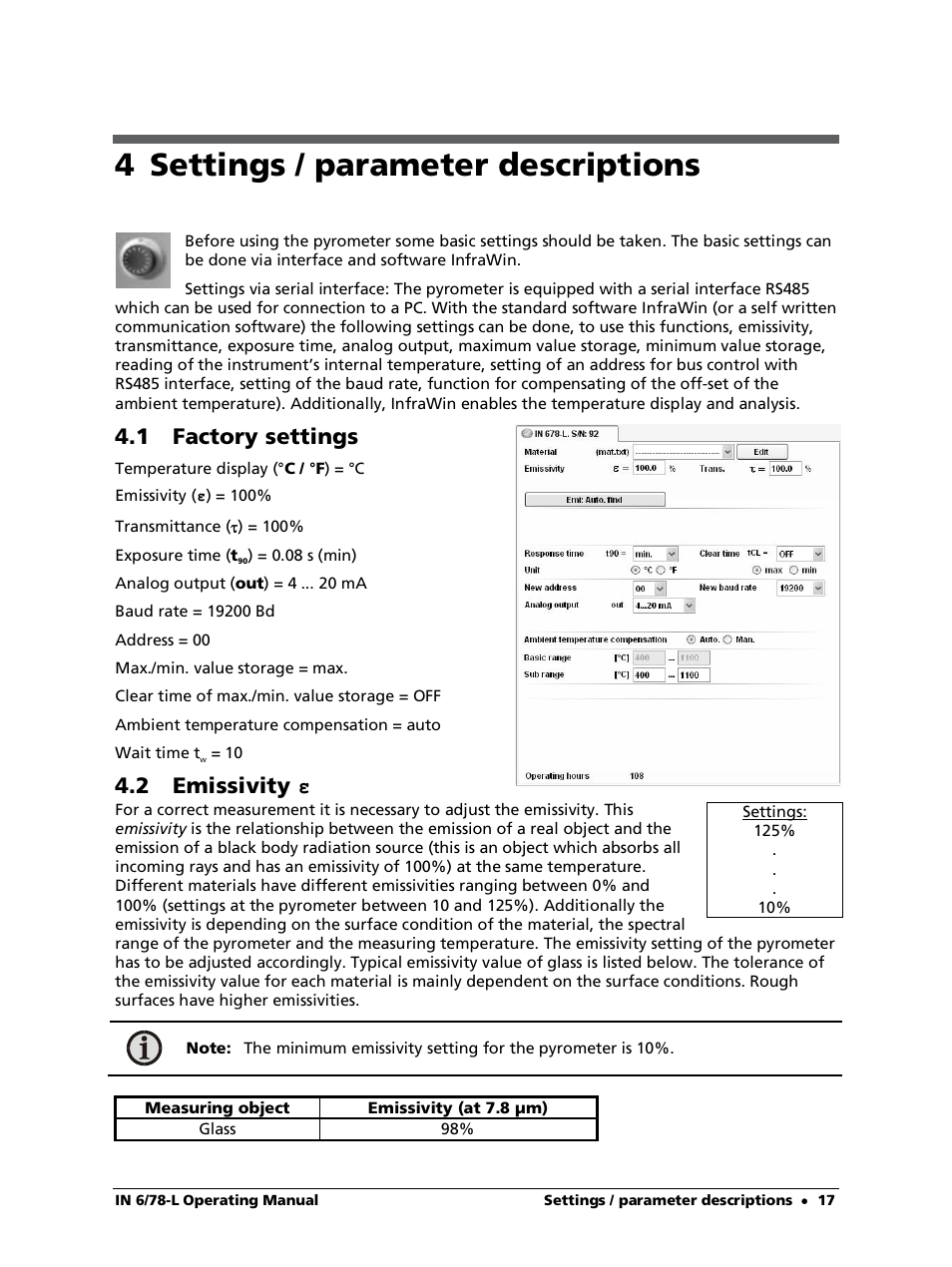 4 settings / parameter descriptions, 1 factory settings, 2 emissivity ε | LumaSense Technologies IN 6/78-L User Manual | Page 17 / 38
