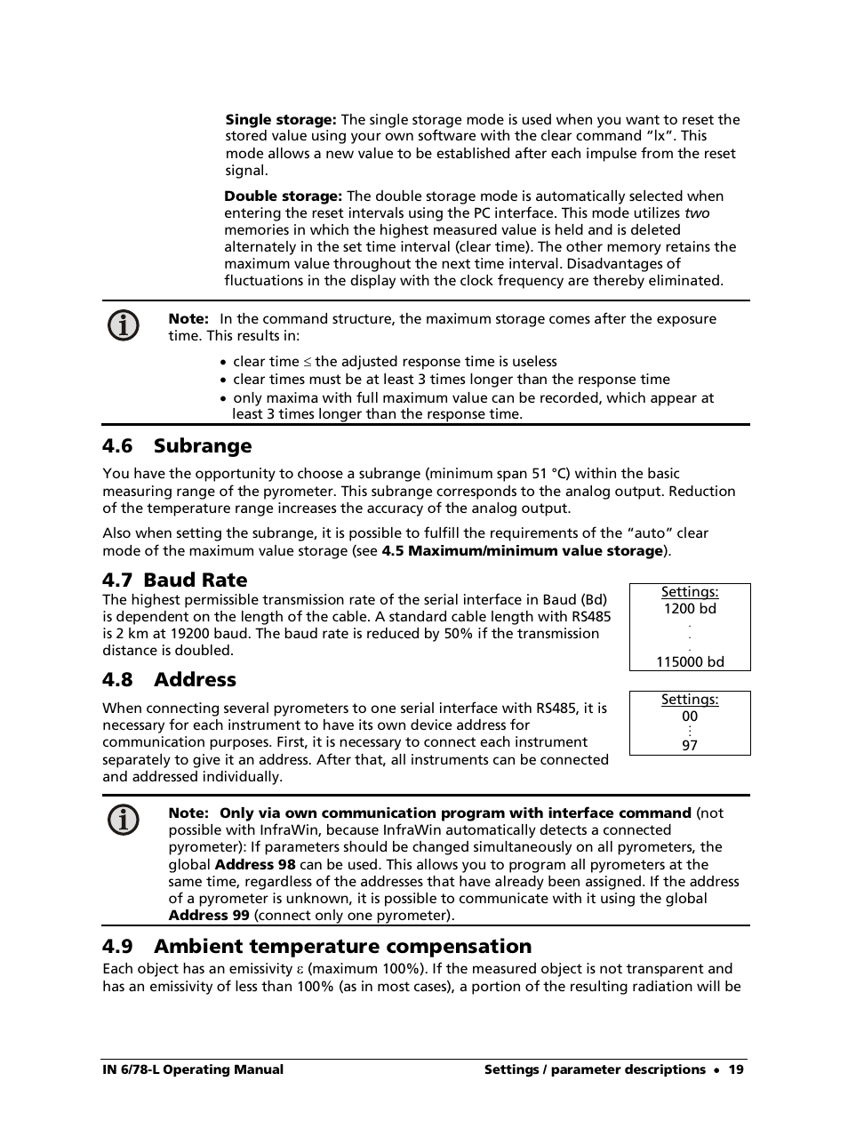6 subrange, 7 baud rate, 8 address | 9 ambient temperature compensation | LumaSense Technologies IN 6/78-L User Manual | Page 19 / 38
