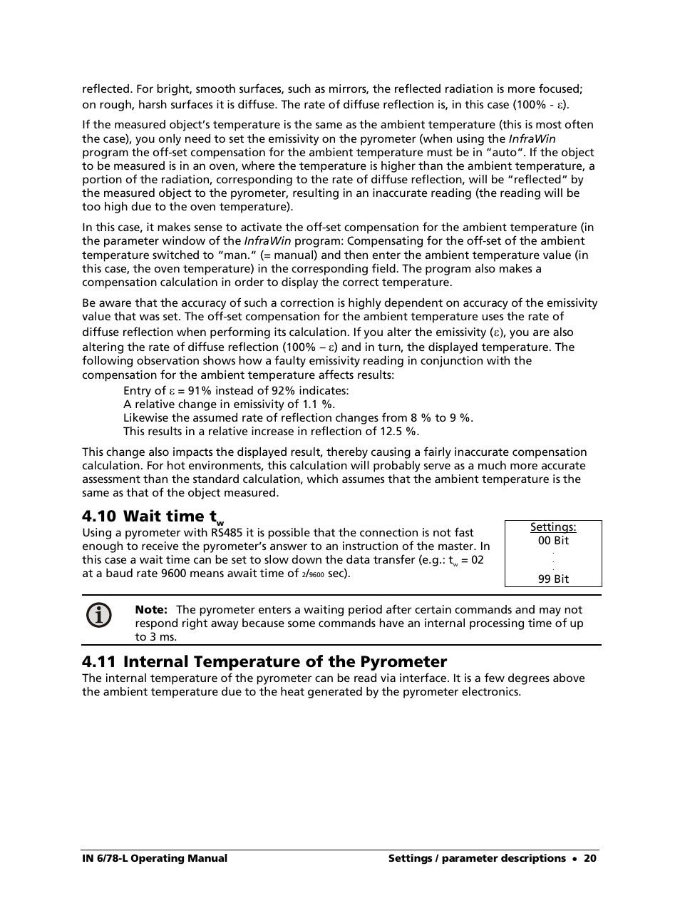 10 wait time tw, 11 internal temperature of the pyrometer, 10 wait time t | LumaSense Technologies IN 6/78-L User Manual | Page 20 / 38