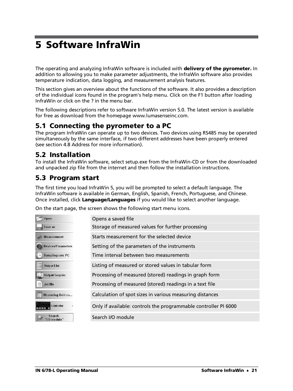 5 software infrawin, 1 connecting the pyrometer to a pc, 2 installation | 3 program start | LumaSense Technologies IN 6/78-L User Manual | Page 21 / 38