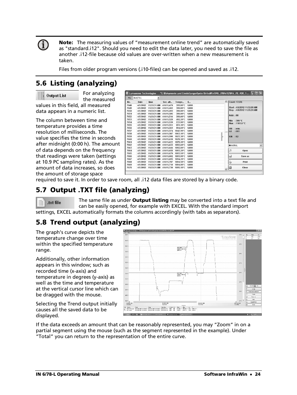 6 listing (analyzing), 7 output .txt file (analyzing), 8 trend output (analyzing) | LumaSense Technologies IN 6/78-L User Manual | Page 24 / 38