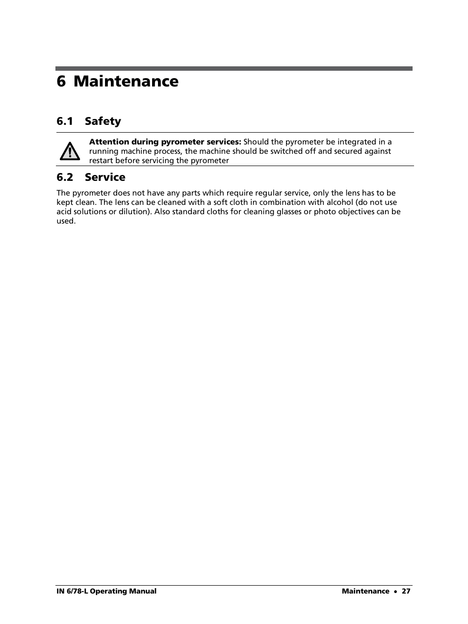6 maintenance, 1 safety, 2 service | LumaSense Technologies IN 6/78-L User Manual | Page 27 / 38