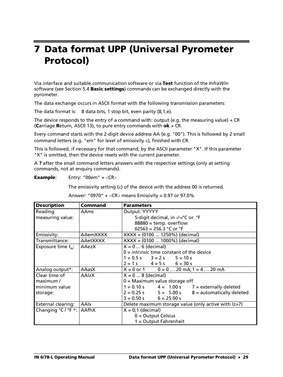 7 data format upp (universal pyrometer protocol) | LumaSense Technologies IN 6/78-L User Manual | Page 29 / 38