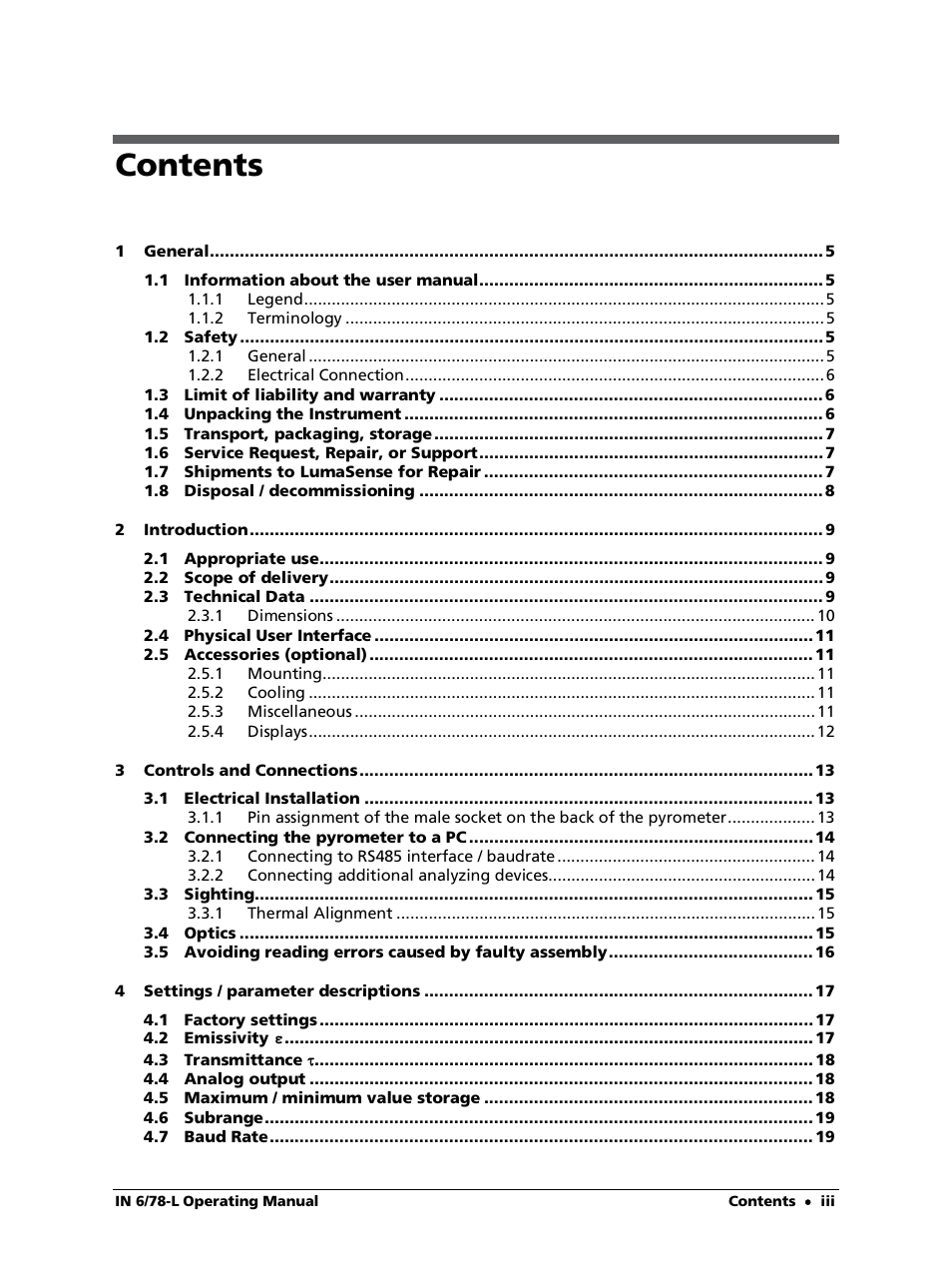 LumaSense Technologies IN 6/78-L User Manual | Page 3 / 38