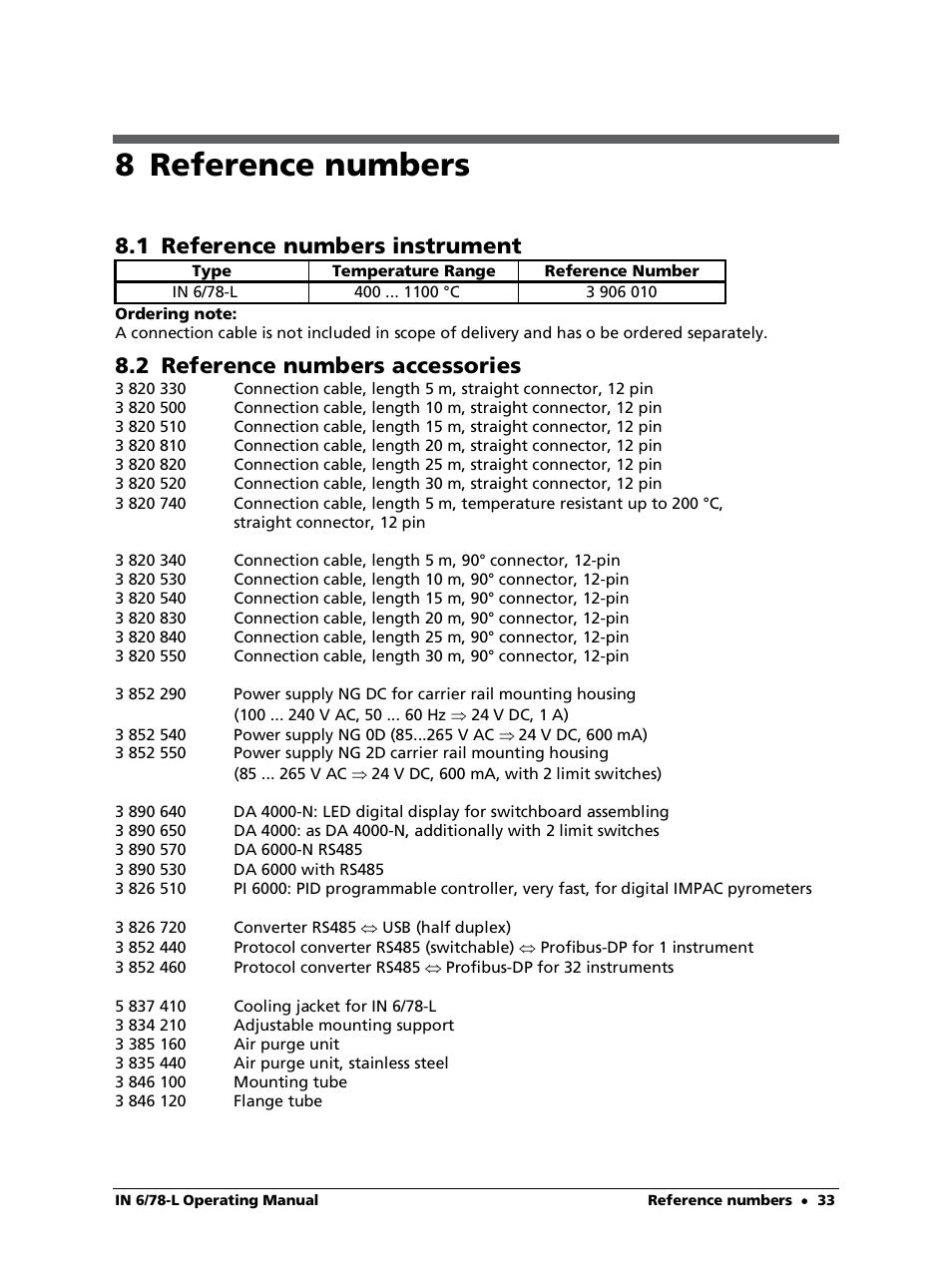 8 reference numbers, 1 reference numbers instrument, 2 reference numbers accessories | LumaSense Technologies IN 6/78-L User Manual | Page 33 / 38