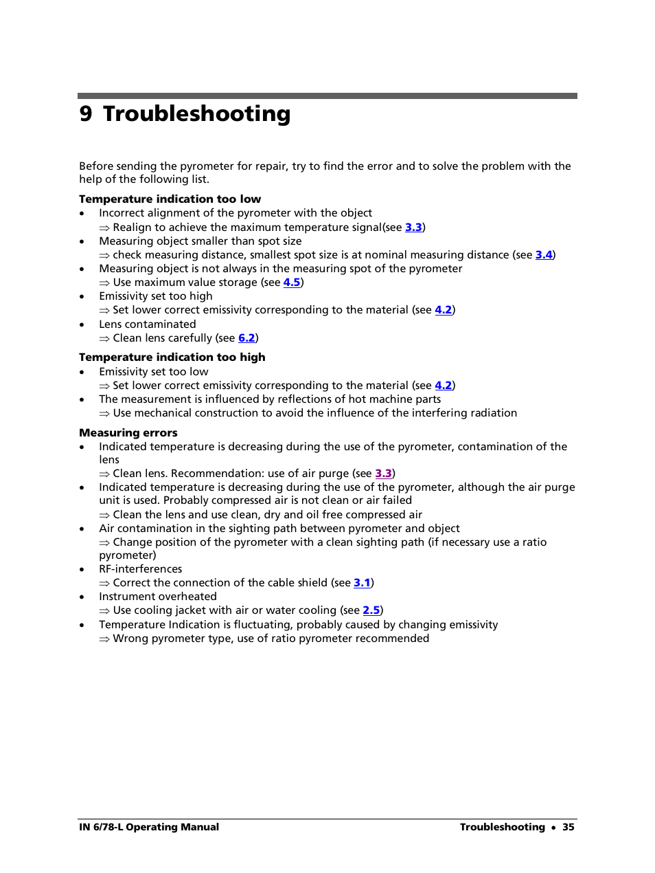 9 troubleshooting | LumaSense Technologies IN 6/78-L User Manual | Page 35 / 38