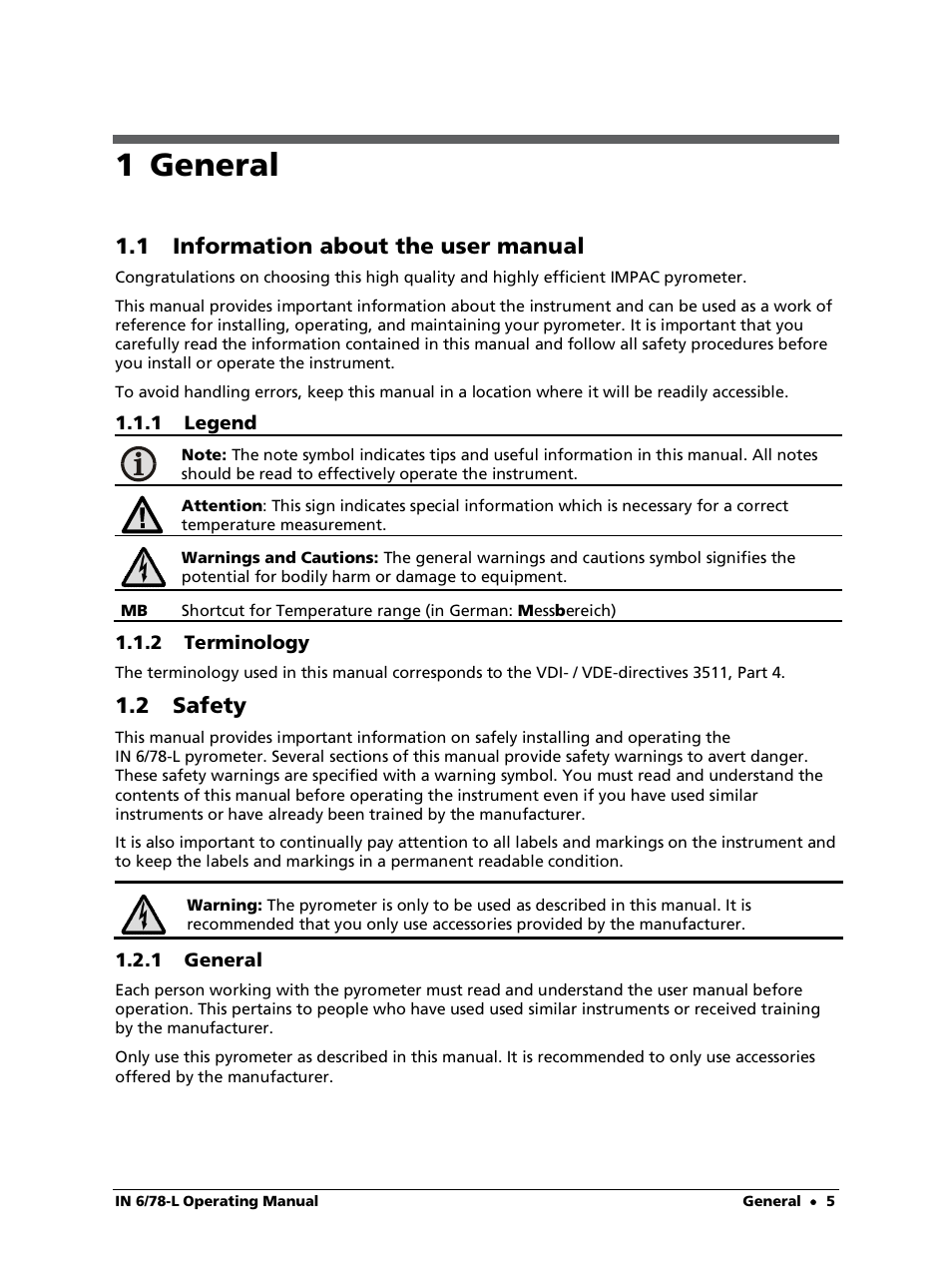 1 general, 1 information about the user manual, 1 legend | 2 terminology, 2 safety | LumaSense Technologies IN 6/78-L User Manual | Page 5 / 38