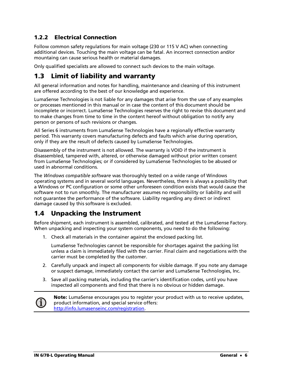 2 electrical connection, 3 limit of liability and warranty, 4 unpacking the instrument | LumaSense Technologies IN 6/78-L User Manual | Page 6 / 38