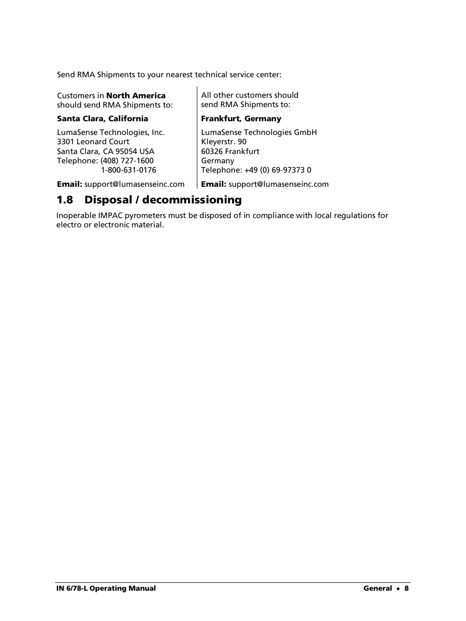 8 disposal / decommissioning | LumaSense Technologies IN 6/78-L User Manual | Page 8 / 38