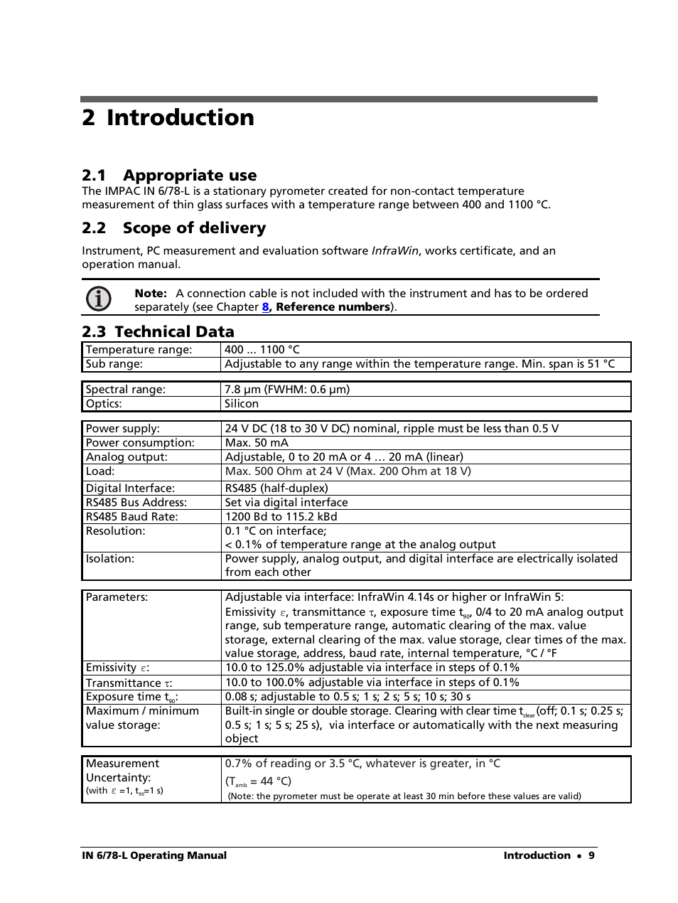 2 introduction, 1 appropriate use, 2 scope of delivery | 3 technical data | LumaSense Technologies IN 6/78-L User Manual | Page 9 / 38