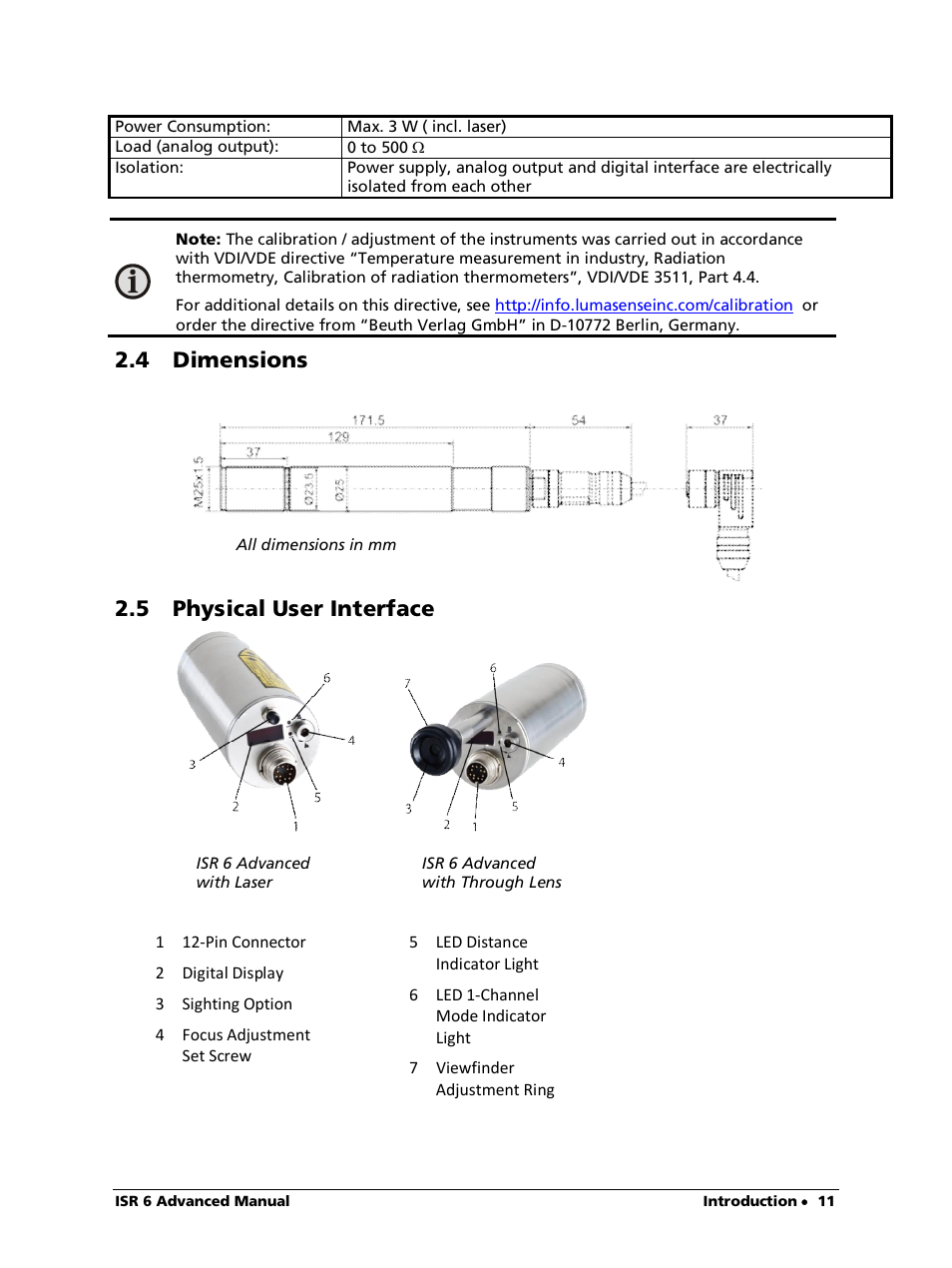 4 dimensions, 5 physical user interface, 4 dimensions 2.5 physical user interface | LumaSense Technologies ISR 6 Advanced User Manual | Page 11 / 50