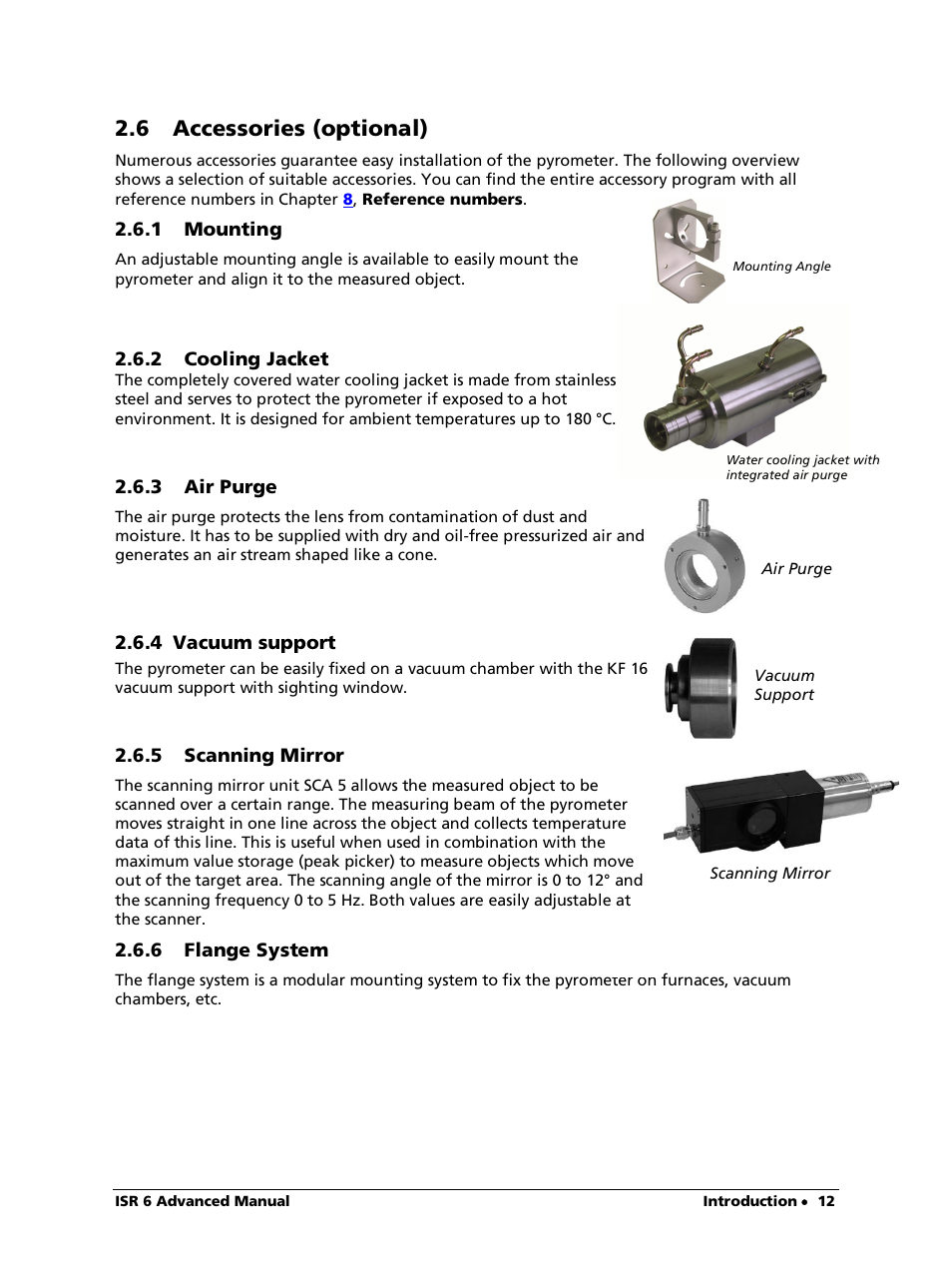 6 accessories (optional), 1 mounting, 2 cooling jacket | 3 air purge, 4 vacuum support, 5 scanning mirror, 6 flange system | LumaSense Technologies ISR 6 Advanced User Manual | Page 12 / 50