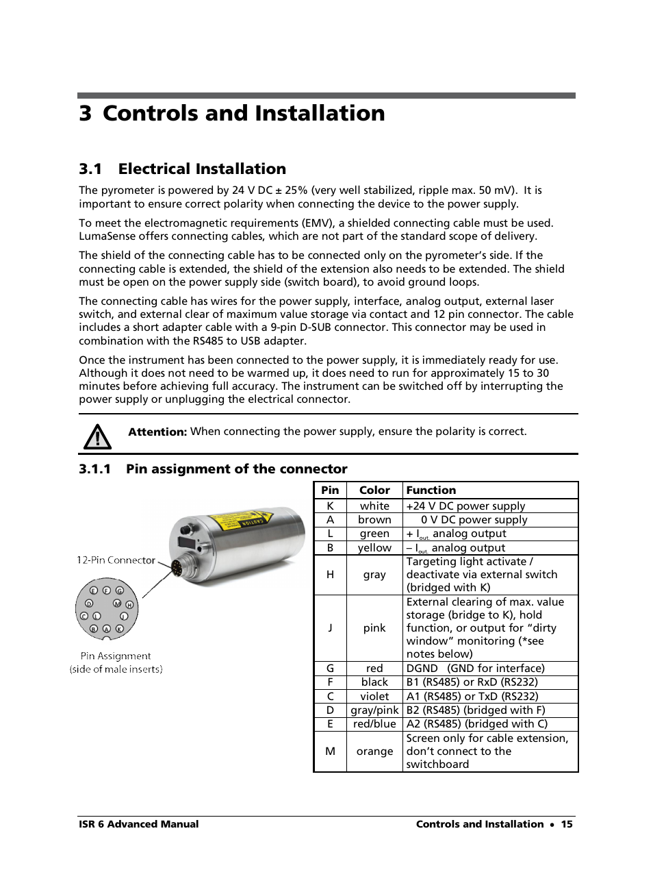 3 controls and installation, 1 electrical installation, 1 pin assignment of the connector | LumaSense Technologies ISR 6 Advanced User Manual | Page 15 / 50