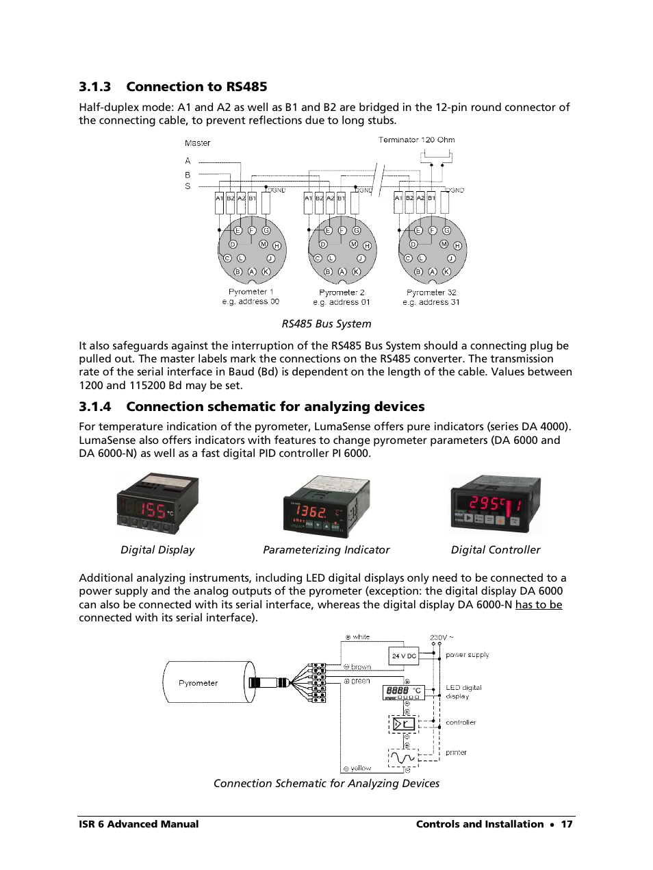 3 connection to rs485, 4 connection schematic for analyzing devices | LumaSense Technologies ISR 6 Advanced User Manual | Page 17 / 50