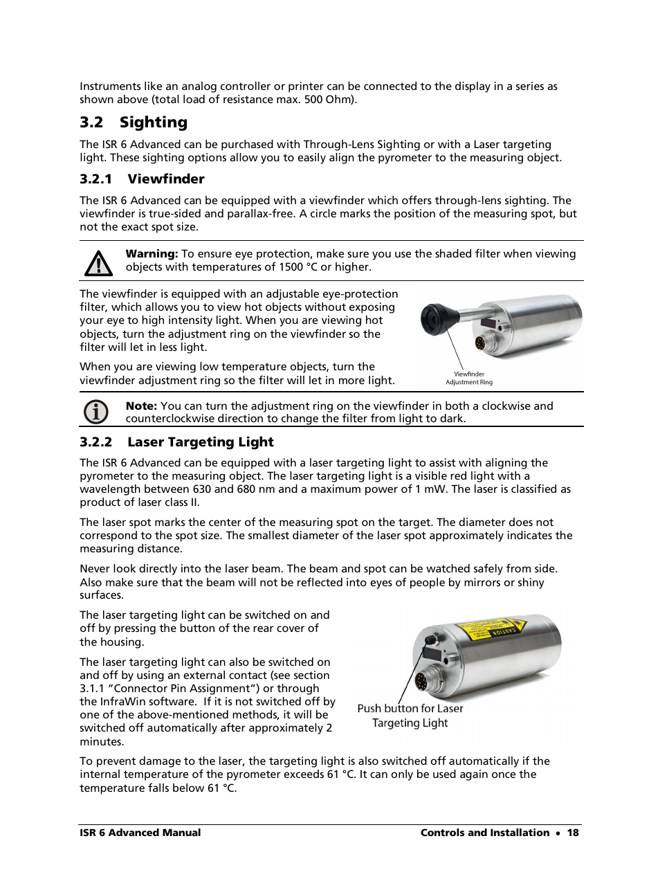 2 sighting, 1 viewfinder, 2 laser targeting light | LumaSense Technologies ISR 6 Advanced User Manual | Page 18 / 50