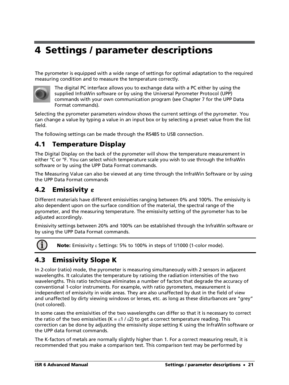 4 settings / parameter descriptions, 1 temperature display, 2 emissivity ε | 3 emissivity slope k | LumaSense Technologies ISR 6 Advanced User Manual | Page 21 / 50