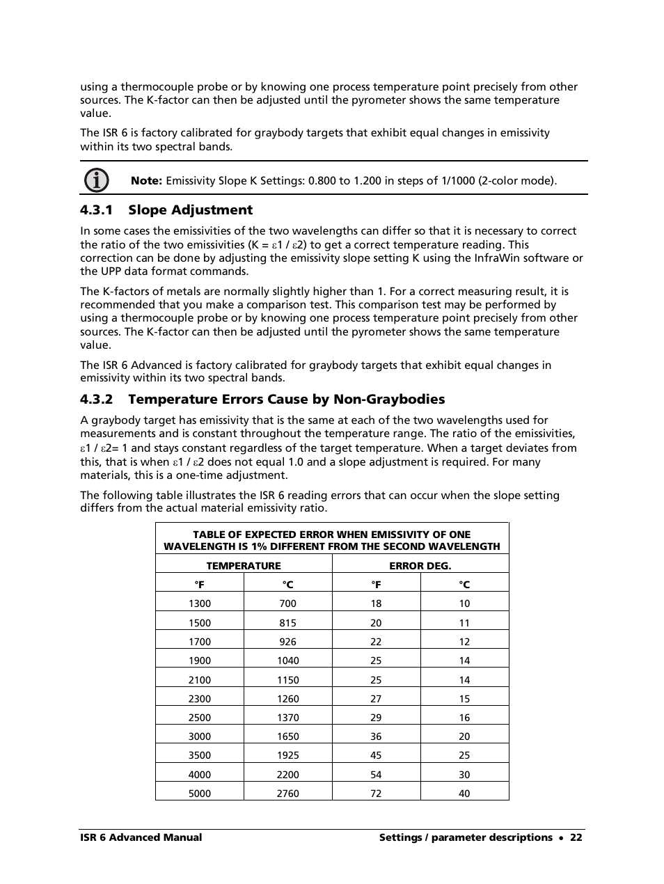 1 slope adjustment, 2 temperature errors cause by non-graybodies | LumaSense Technologies ISR 6 Advanced User Manual | Page 22 / 50