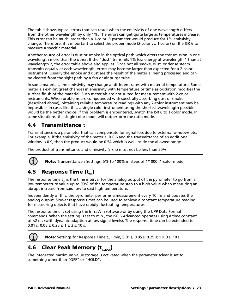 4 transmittance, 5 response time (t90), 6 clear peak memory (tclear) | 4 transmittance t, 5 response time (t | LumaSense Technologies ISR 6 Advanced User Manual | Page 23 / 50