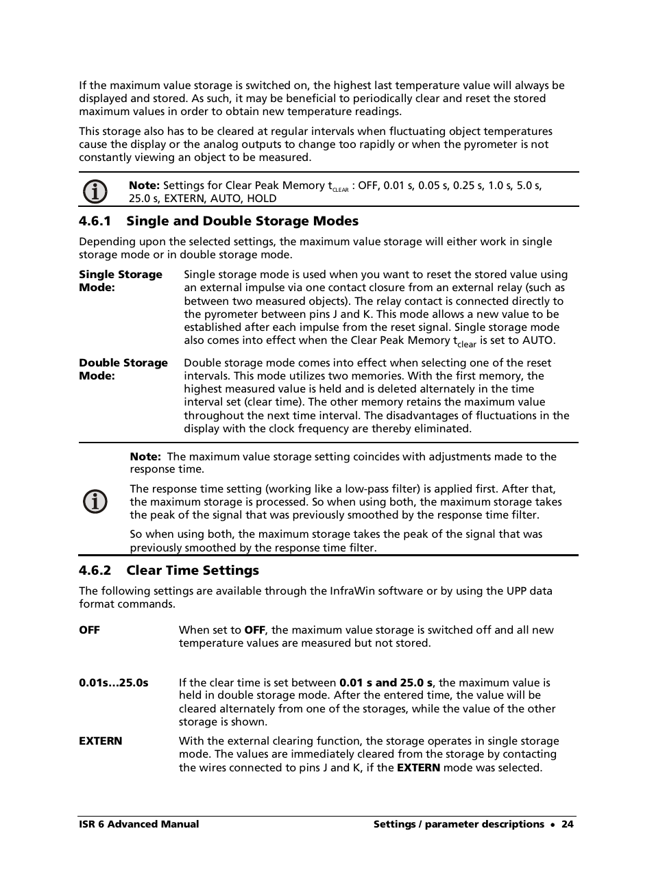 1 single and double storage modes, 2 clear time settings | LumaSense Technologies ISR 6 Advanced User Manual | Page 24 / 50